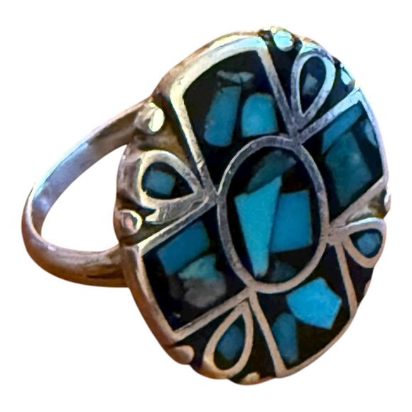 Vintage Mexican Ring Turquoise Inlay Sterling Silver Size 6.5 Stamped 186